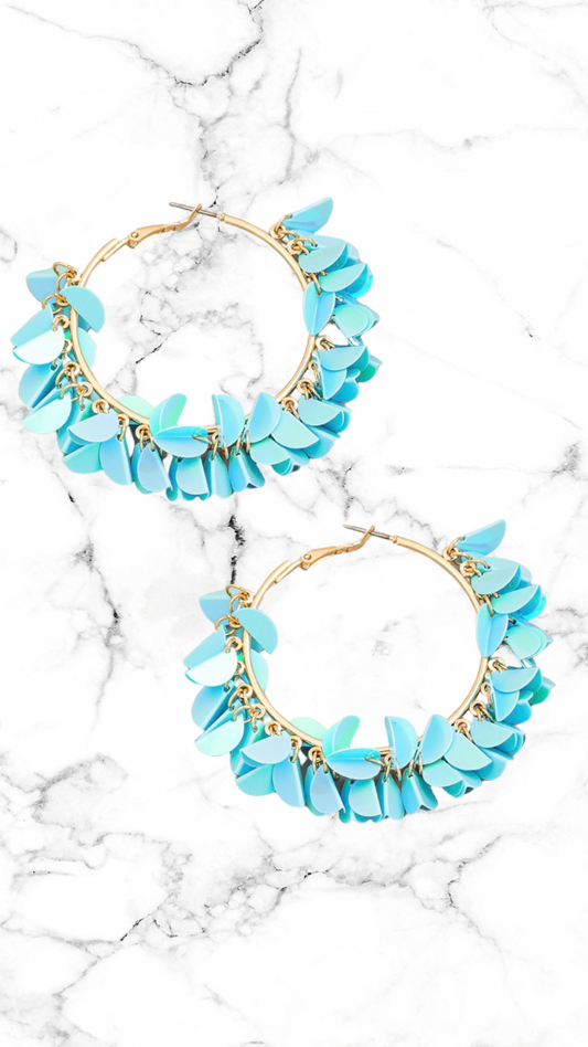 Baby Blue Sequin Metallic Hoop Earrings