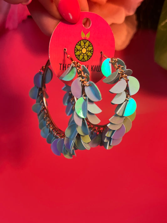 Baby Blue Sequin Metallic Hoop Earrings