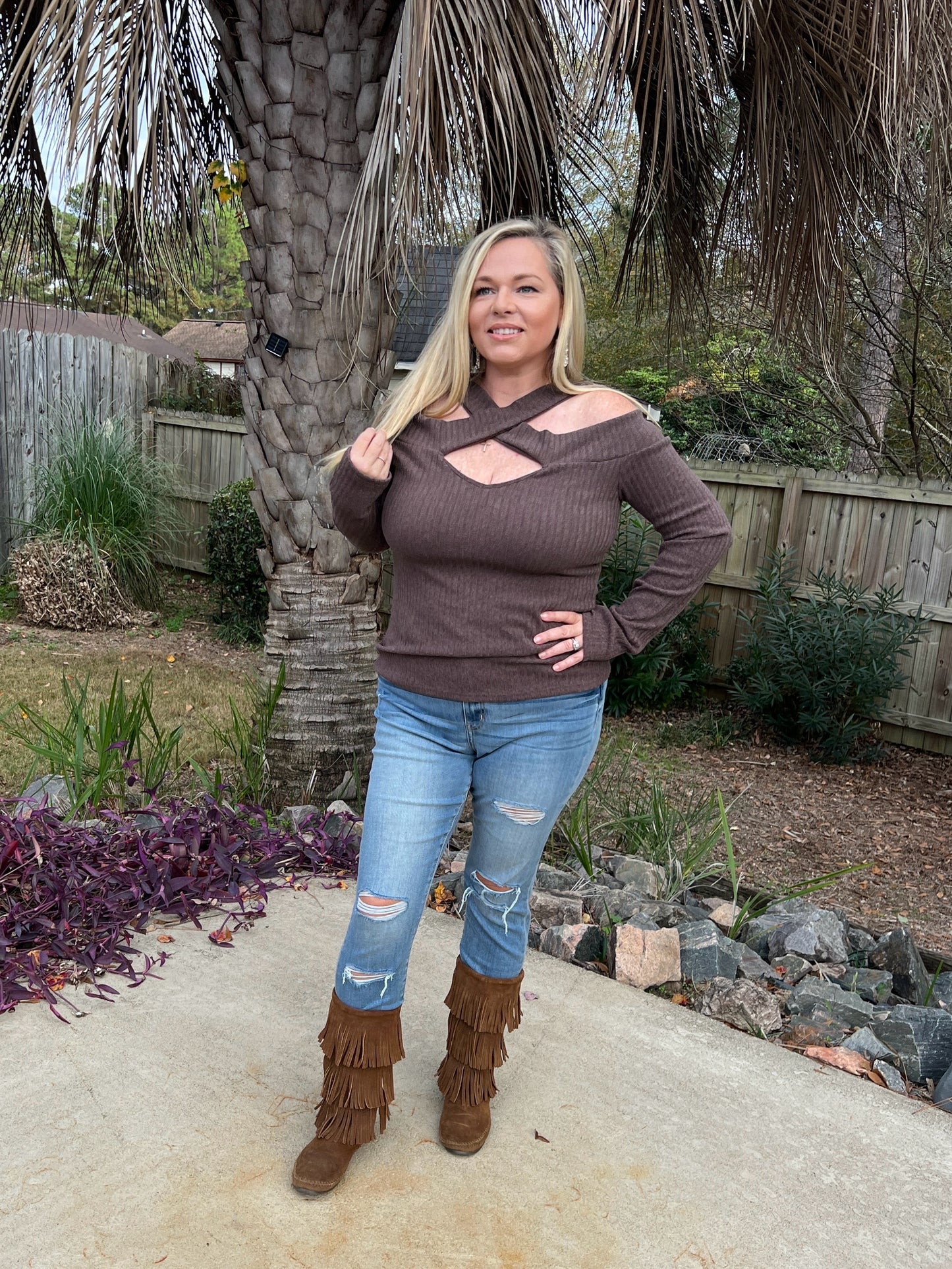 Hot Cocoa Criss Cross Sweater - The Lush Kiwi