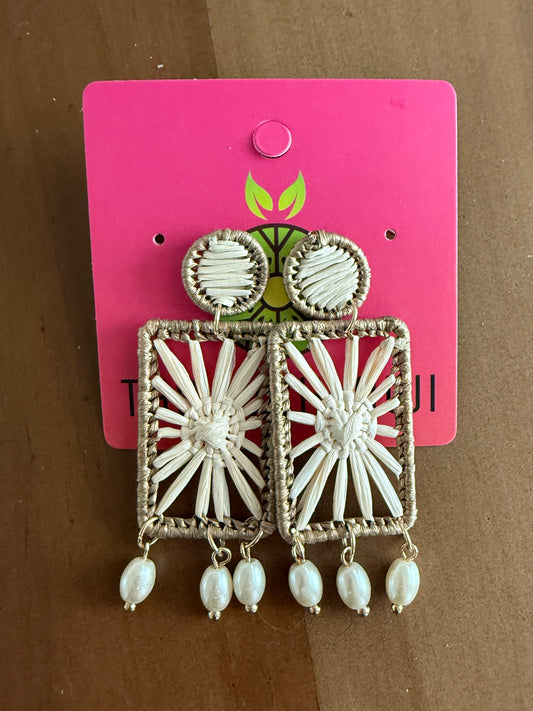 Rectangle & Pearl Raffia Earrings