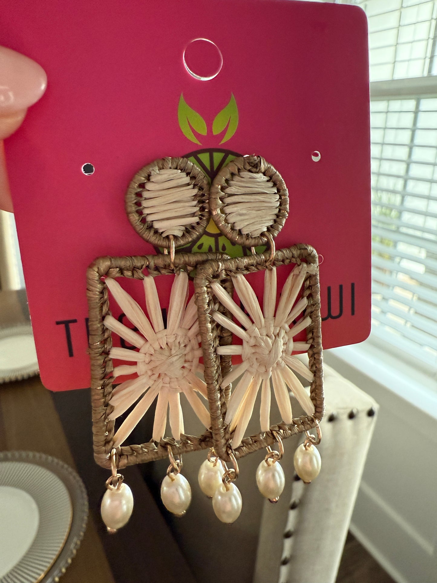 Rectangle & Pearl Raffia Earrings