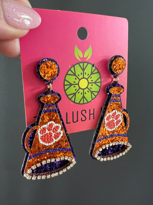 Clemson Megaphone Glitter Earrings