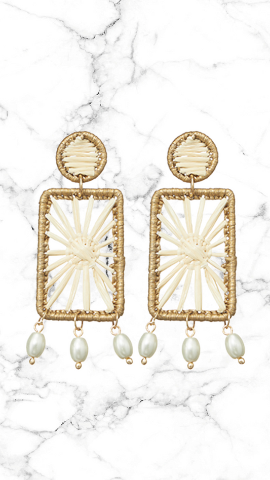 Rectangle & Pearl Raffia Earrings
