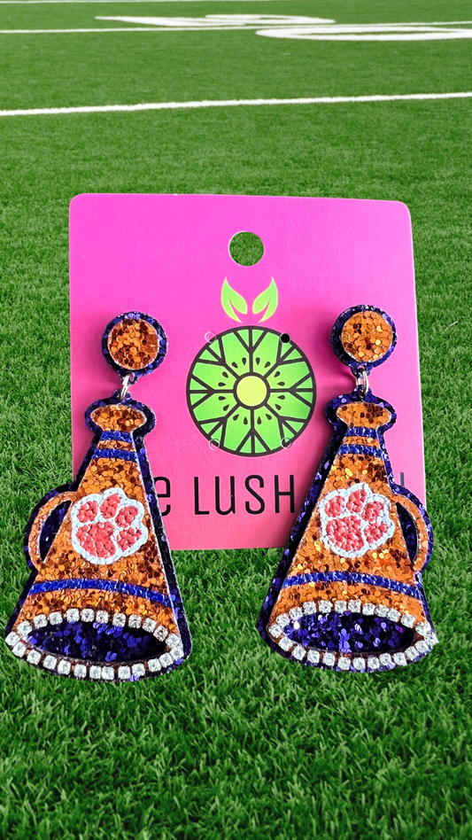 Clemson Megaphone Glitter Earrings